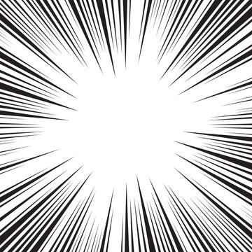 Burst light speed line anime zoom frame background. Black and white radial comics style lines background. Manga action background.