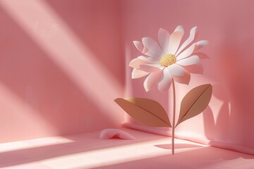 paper daisy is on a pale pink background, in the style of surreal 3d landscapes