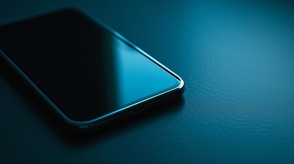 Close up of mobile phone lying on a dark table with dark blue light.