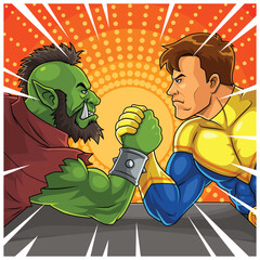 Hero VS Villain Arm Wrestling Cartoon Vector Pop Art