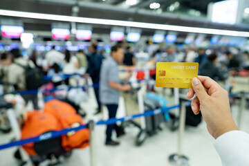 Travel, Tourist woman showing credit card or travel card for convenient travel Make shopping easy enjoy lifestyle travel city at shopping street on holiday vacation in Japan