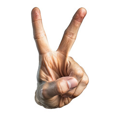 Man raising two fingers up, show peace strength fight or victory, isolated on transparent background, cut out, png, hand symbol