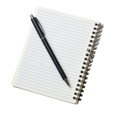 Blank Notebook and Pen: Ready for Inspiration - A classic spiral notebook lies open, a sleek black pen poised above its pristine pages isolated on transparent background, cut out, png