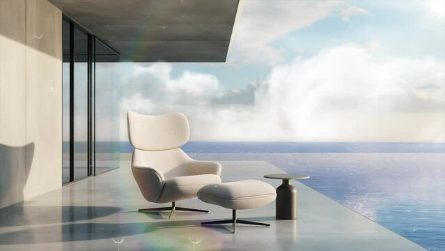 armchair on concrete floor of large living room in luxury villa near ocean. seamless looping overlay 4k virtual video animation background 