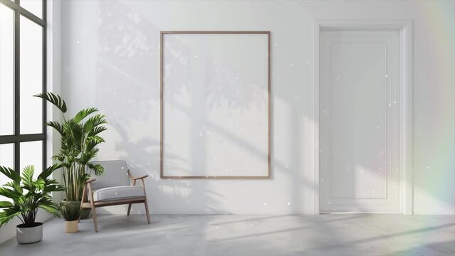 simple modern home architecture concept. corner view of bright living room interior with poster. seamless looping overlay 4k virtual video animation background 