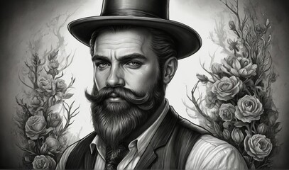 drawing neotraditional Bearded gent, illustration, black and white, illustration