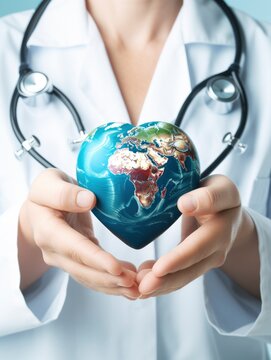 Hands hold Earth ball in heart shape on Doctor hands for World Health Day content and copy space.Elements of this image furnished by NASA - generative ai