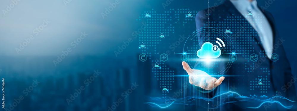 Poster backup: businessman holding backup solutions on global technology network, data security and recover