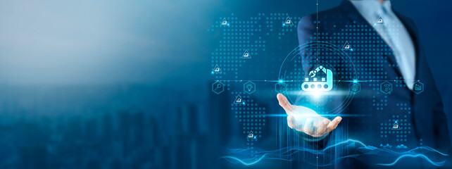 Automation: Efficiency, Businessman Holding Automation on Global Technology Network, Streamlining Processes and Operations, Enhancing Productivity