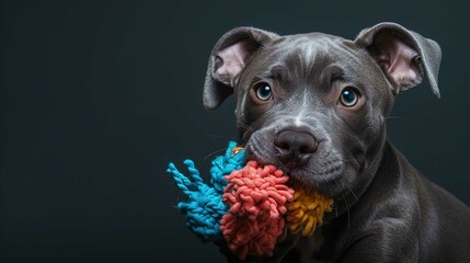 Playful Puppy Chewing on Colorful Ball - obrazy, fototapety, plakaty