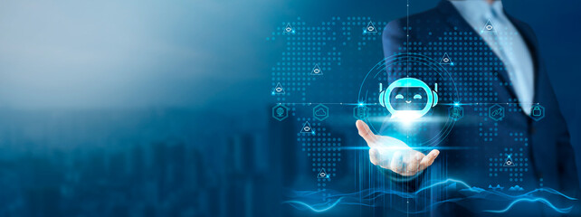 Chatbots: Businessman Holding Chatbot on Global Technology Network, Automation and Assistance,...
