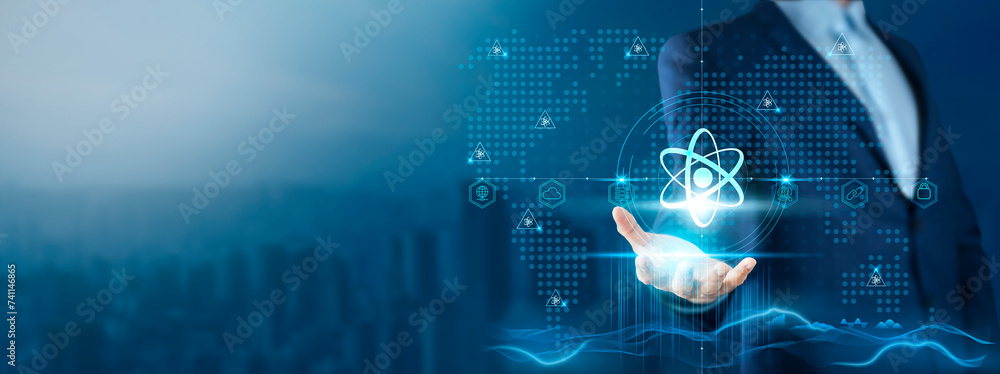 Poster quantum computing: businessman holding quantum computing technology on global technology network, in