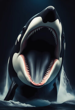 A large killer whale with an open mouth jumps out of the water