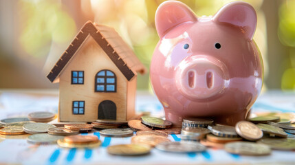 piggy bank with coins piles and house model, concept of mortgage and savings
