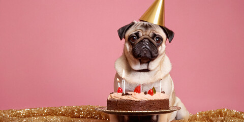 An adorable pug wearing a golden birthday cap sits next to a delicious cake, ready to celebrate. The image captures the festive spirit and the pug’s endearing charm against a vibrant pink backdrop. - obrazy, fototapety, plakaty