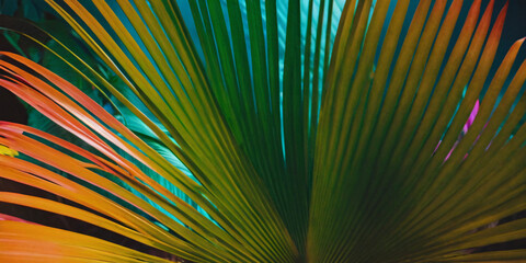 Obraz premium This captivating image captures the essence of tropical foliage bathed in the glow of neon lights. This image is a testament to the beauty of nature.