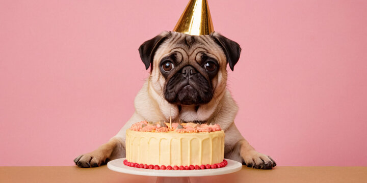 An adorable pug wearing a golden birthday cap sits next to a delicious cake, ready to celebrate. The image captures the festive spirit and the pug’s endearing charm against a vibrant pink backdrop.
