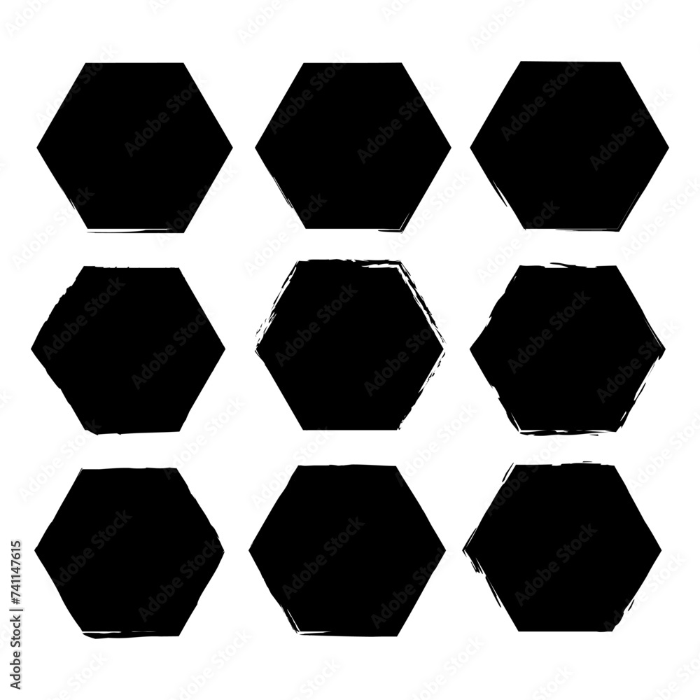 Poster a pattern of black hexagons arranged symmetrically on a white rectangle backdrop