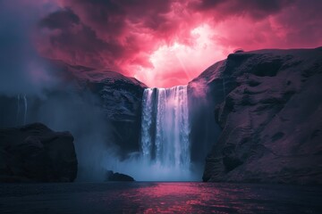 Majestic Waterfall Under a Dramatic Stormy Sky, a Mysterious, Beautiful and Powerful Landscape Nature Image in a Painted Style. Generative AI.
 - obrazy, fototapety, plakaty