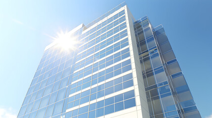 Fototapeta premium Modern office building facade reflecting sunlight against a clear blue sky