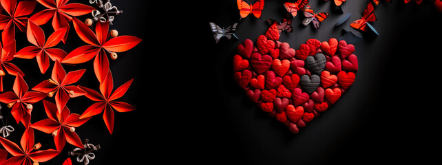 heart made of paper hearts on a dark wooden table with paper flowers and butterflies