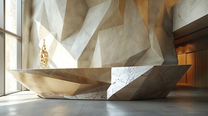 Geometric reception front desk design with angular shapes and asymmetrical composition