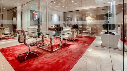 Hollywood glam office with mirrored furniture and red carpet entrance, modern office interior design