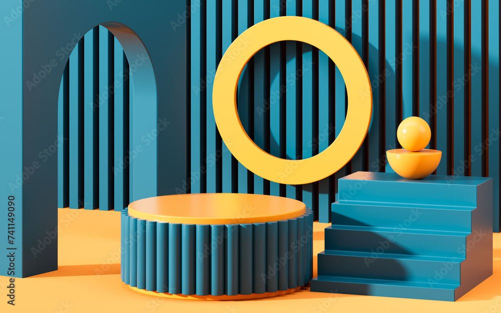 Poster abstract geometric architecture and empty stage, geometric figure, indoor light and shadow, 3d rende