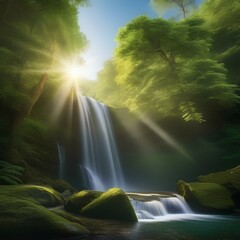 A serene waterfall hidden in a lush green forest, with sunlight filtering through the trees4