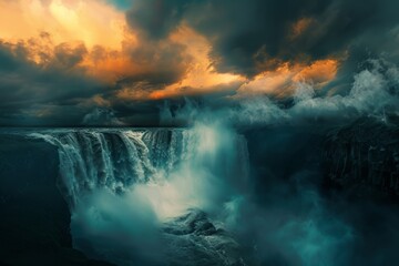 Majestic Waterfall Under a Dramatic Stormy Sky, a Mysterious, Beautiful and Powerful Landscape Nature Image in a Painted Style. Generative AI.
