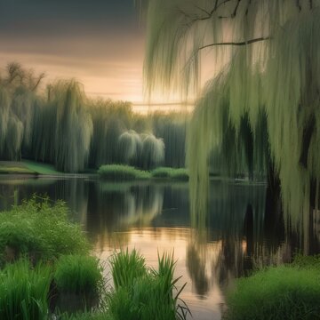 A tranquil pond surrounded by weeping willow trees, their branches dipping into the water2 © Ai.Art.Creations