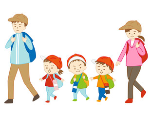 男性と女性に連れられて、遠足に行く小さな子ども達
