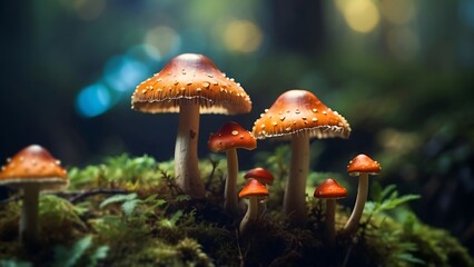 Fantasy enchanted fairy tale forest with magical Mushrooms background AI Generated