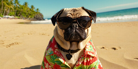 Fototapeta na wymiar Embodying the spirit of summer, a cute pug sports sunglasses and a Hawaiian shirt on a picturesque beach. This image captures the essence of a carefree, tropical vacation.