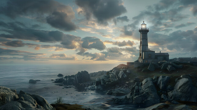 Historic lighthouse standing sentinel on a rocky shoreline