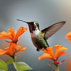 Fototapeta premium A close-up of a hummingbird feeding from a bright orange flower5