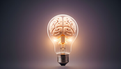 Brain in a lightbulb with pastel pink bokeh background, good idea concept, startup business