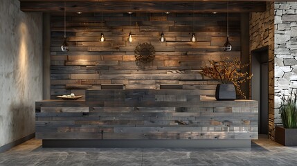 Fototapeta na wymiar Modern rustic reception front desk design with distressed wood and wrought iron details