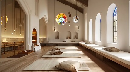 Monastery inspired office with peaceful meditation rooms and stained glass windows, modern office interior design - obrazy, fototapety, plakaty