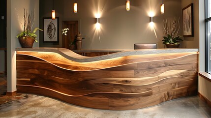 Organic modern reception front desk design with curved wood panels and stone countertops - obrazy, fototapety, plakaty