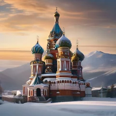 Fotobehang A traditional Russian onion dome church against a backdrop of snow-covered mountains3 © Ai.Art.Creations