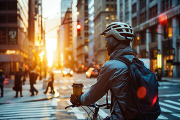 Cyclist with a reusable coffee cup in the city