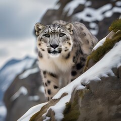 A close-up of a snow leopard camouflaged against a rocky mountain slope2
