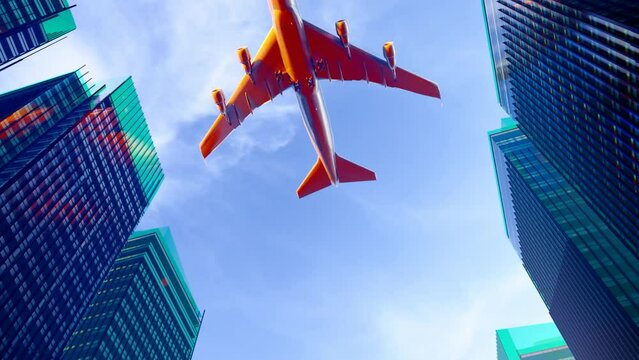 An airplane flies over the roof of the financial and business center in the morning