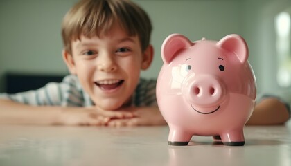 Happy kid with a piggy bank. Savings.