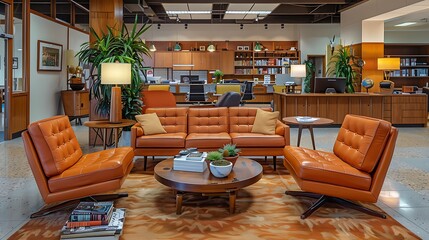 Retro, chic office environment with vintage inspired furnishings and nostalgic accents, large, scale workplace design