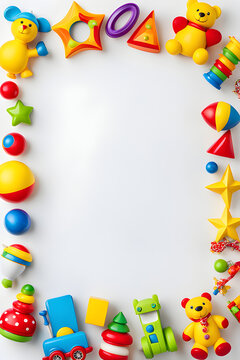 Toys kid border frame, white background, copy space area