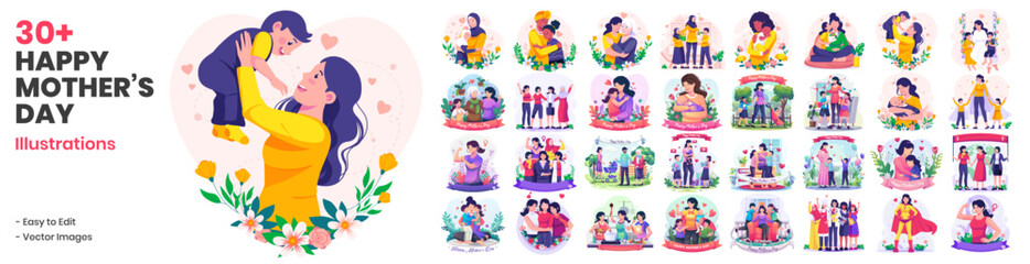 Mega Collection of Mother’s Day Illustrations. Mother With Her Daughter and Son. Mother Hugging Her Child. Set of Mother’s Day Illustration