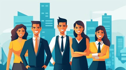 Obraz premium Illustrated of businesspeople in a modern office exude confidence, creating an atmosphere of strength in their workspace. Generative AI.