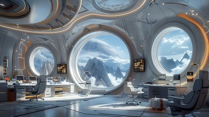 Science fiction themed office with futuristic architecture and space, age Technology large, scale workplace design